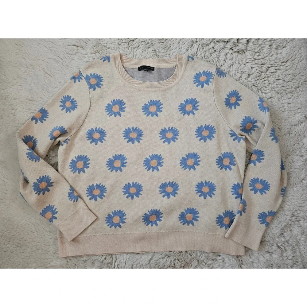 Adrianna Papell Daisy Floral Intarsia Knit Sweater Large Blue Cream